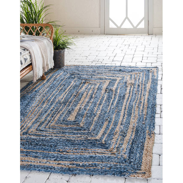 Highland Dunes Philo Striped Handmade Braided Jute Blue Area Rug